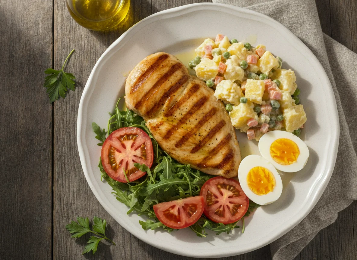Frango grelhado com salada de batata, ovos e rúcula photo