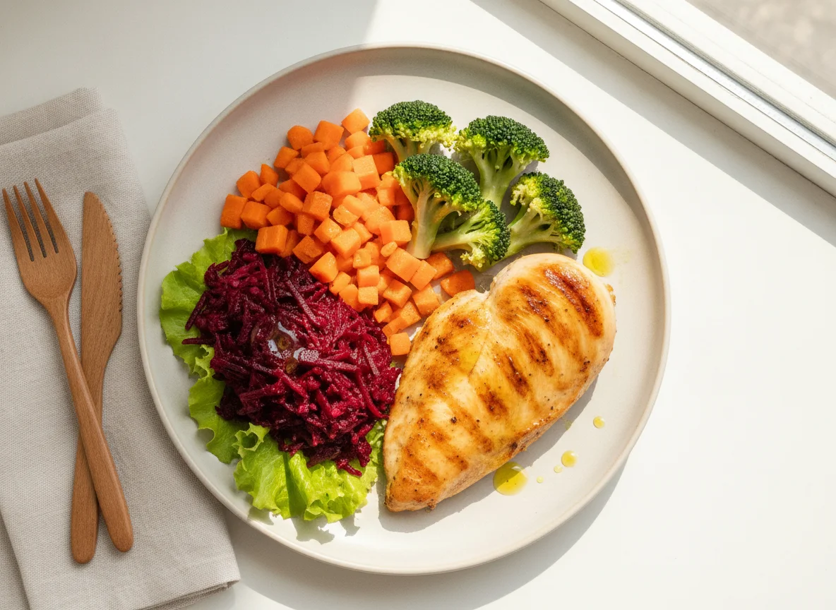 Frango grelhado com salada de beterraba, cenoura e brócolis photo