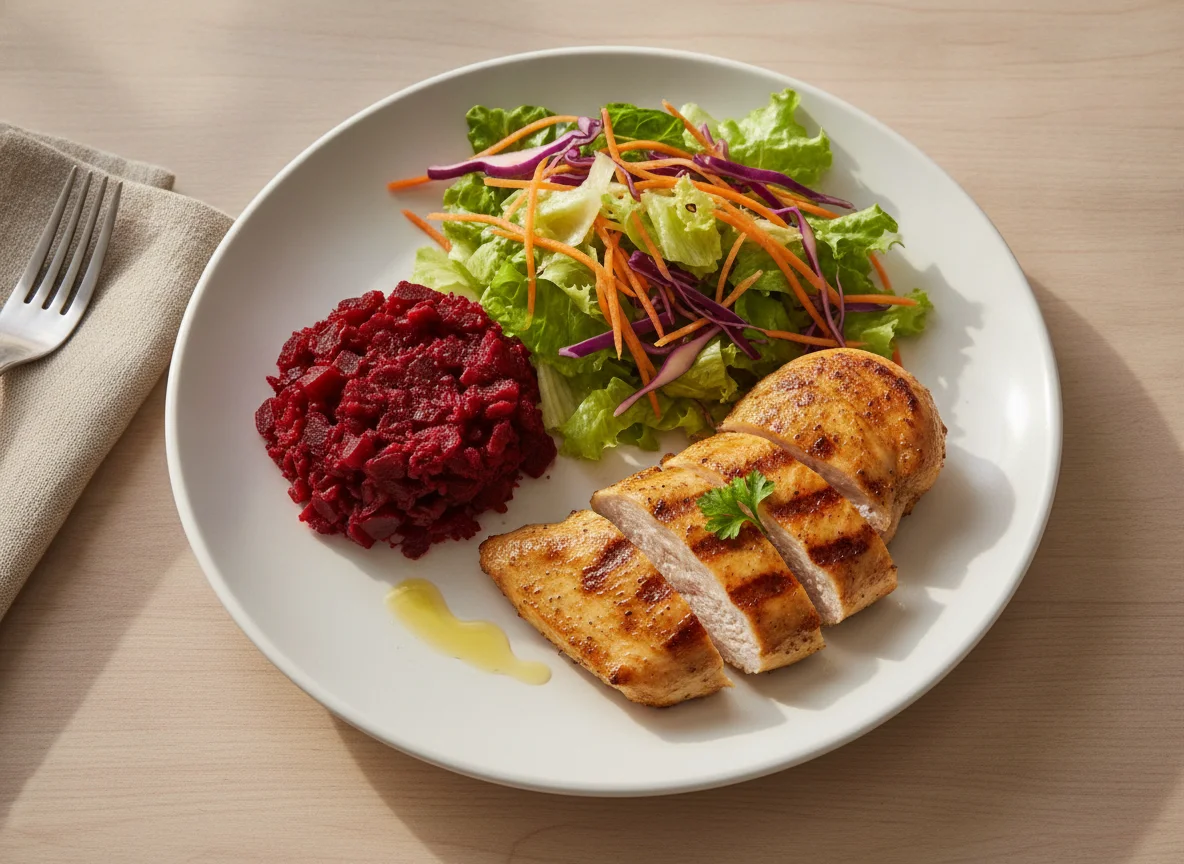 Frango grelhado com salada de beterraba e mix de folhas photo