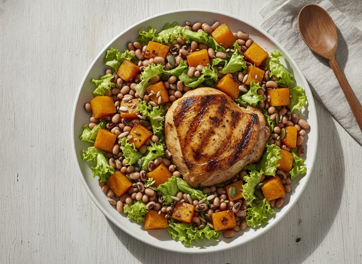 Frango grelhado com salada de feijão fradinho e abóbora assada photo