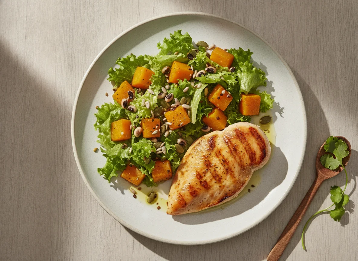 Frango grelhado com salada de feijão fradinho e abóbora photo