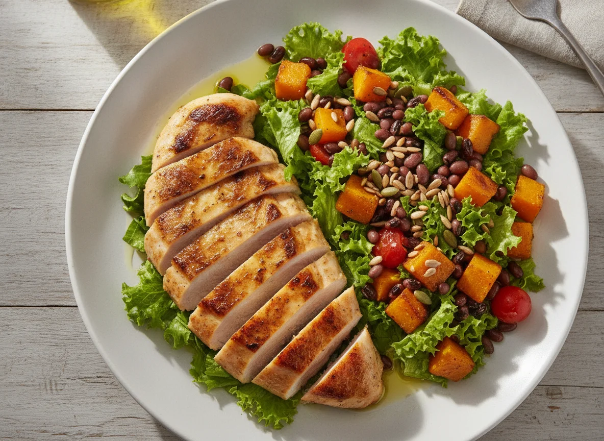 Frango grelhado com salada de feijão fradinho e legumes photo