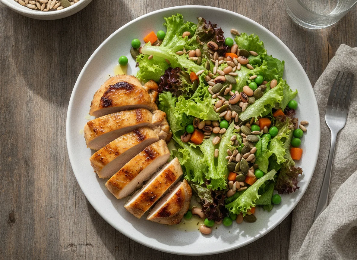 Frango grelhado com salada de folhas, sementes e legumes photo