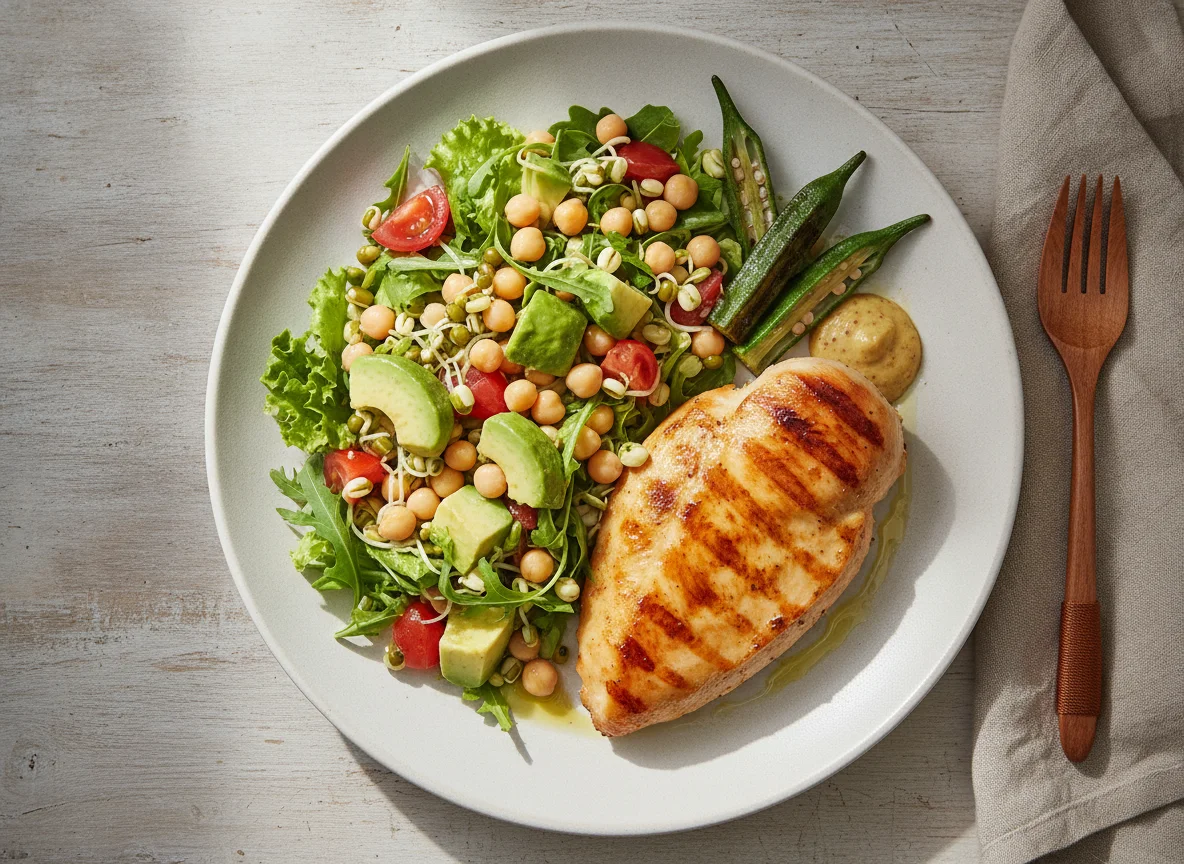 Frango grelhado com salada de grão-de-bico e abacate photo