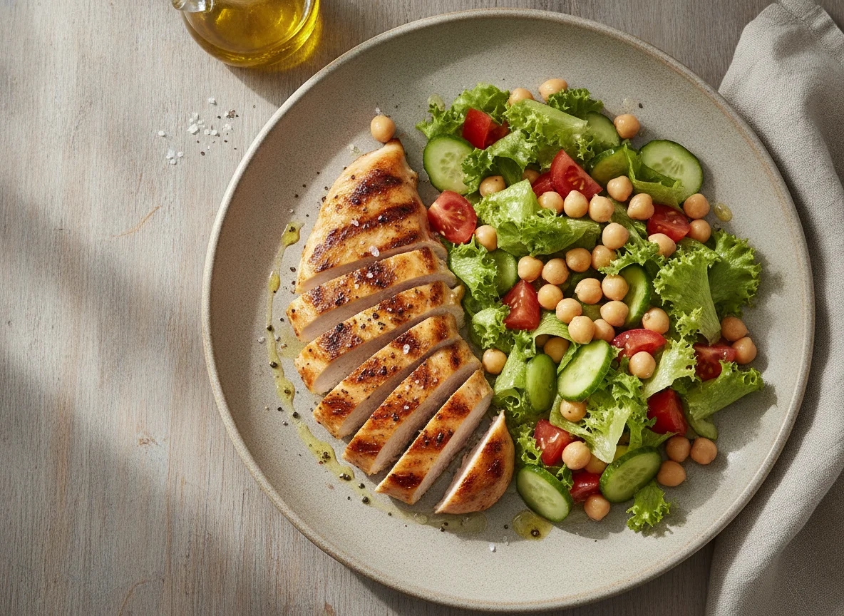Frango grelhado com salada de grão-de-bico e alface photo