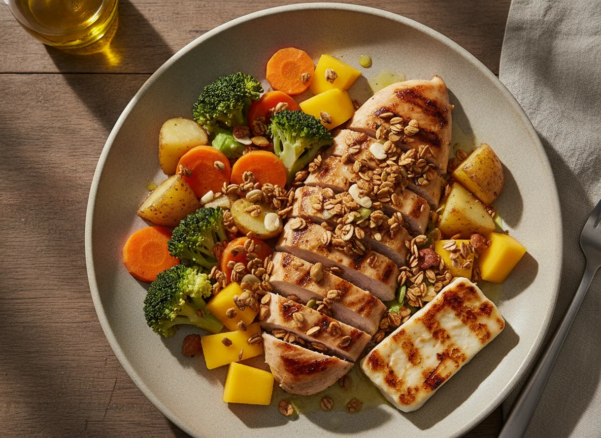 Frango grelhado com salada de legumes e granola salgada photo