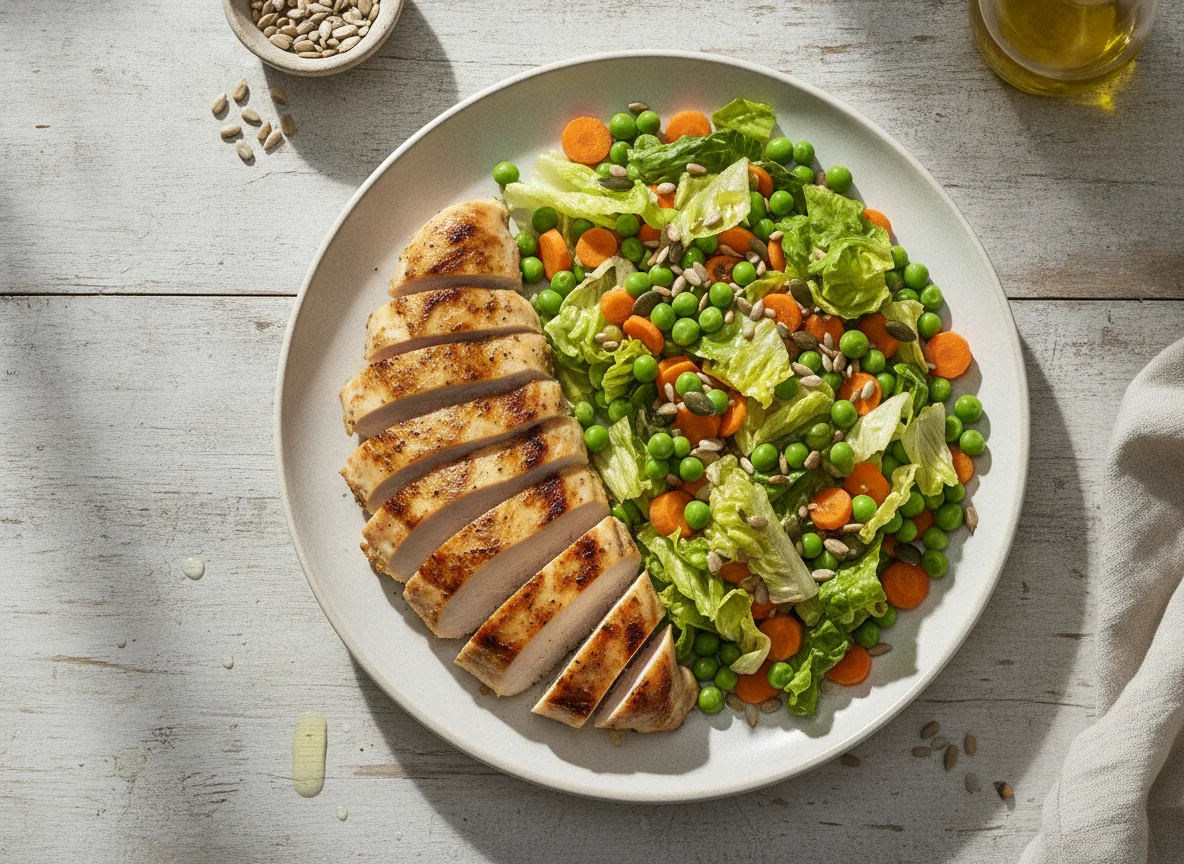 Frango grelhado com salada de legumes e sementes photo