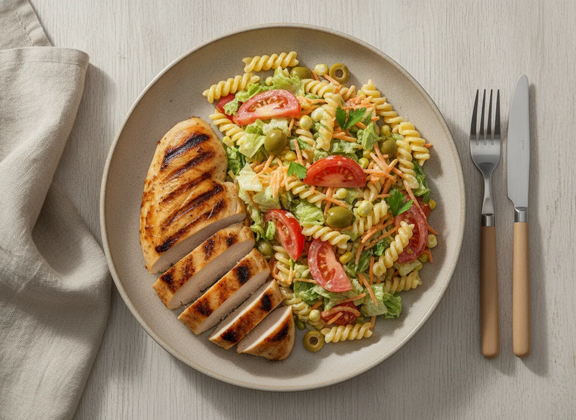 Frango grelhado com salada de macarrão e alface photo