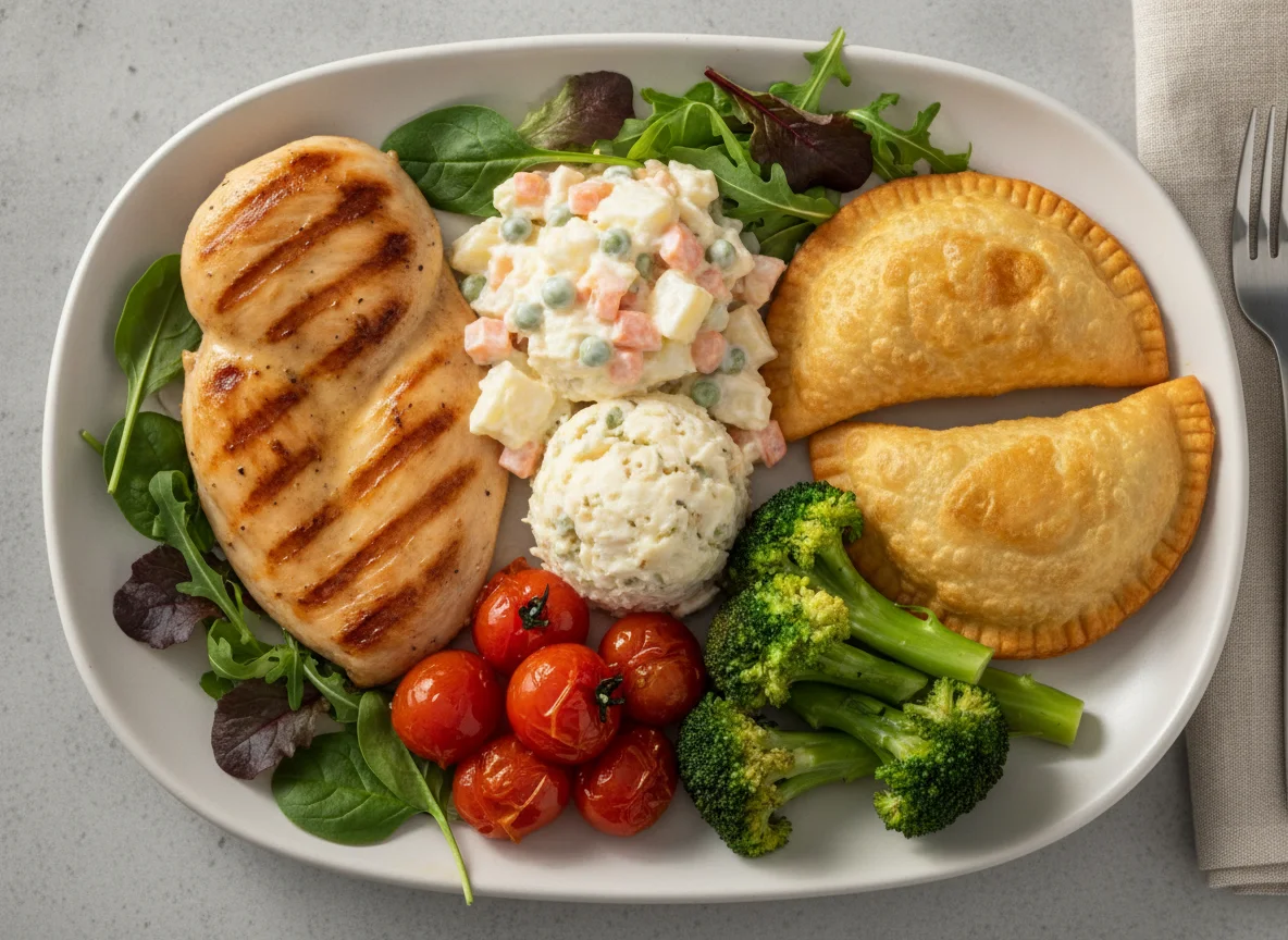 Frango grelhado com salada de maionese, brócolis e pastel photo