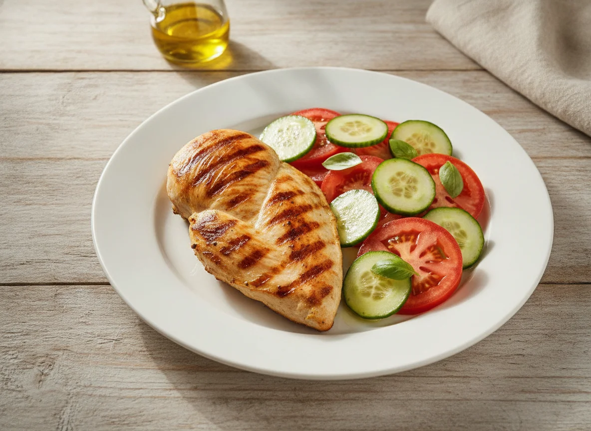 Frango grelhado com salada de pepino e tomate photo