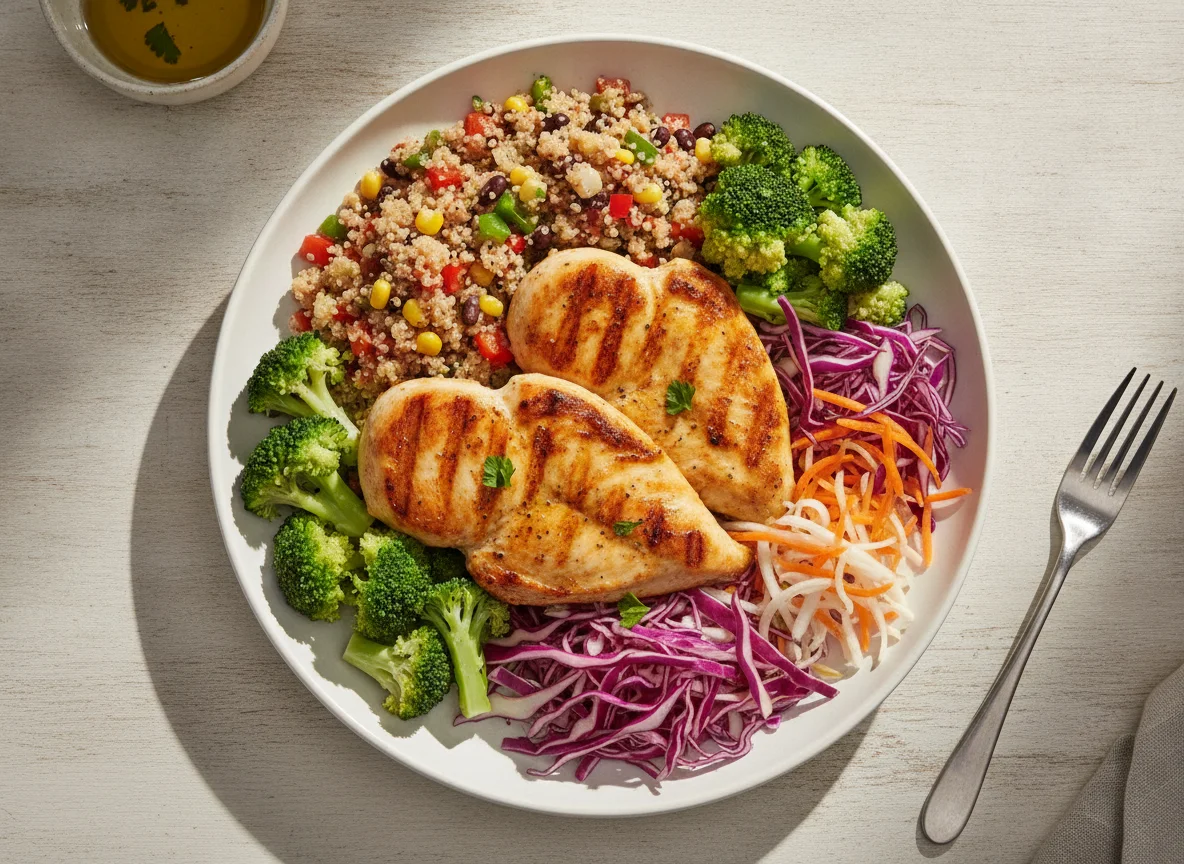 Frango grelhado com salada de quinoa e legumes photo