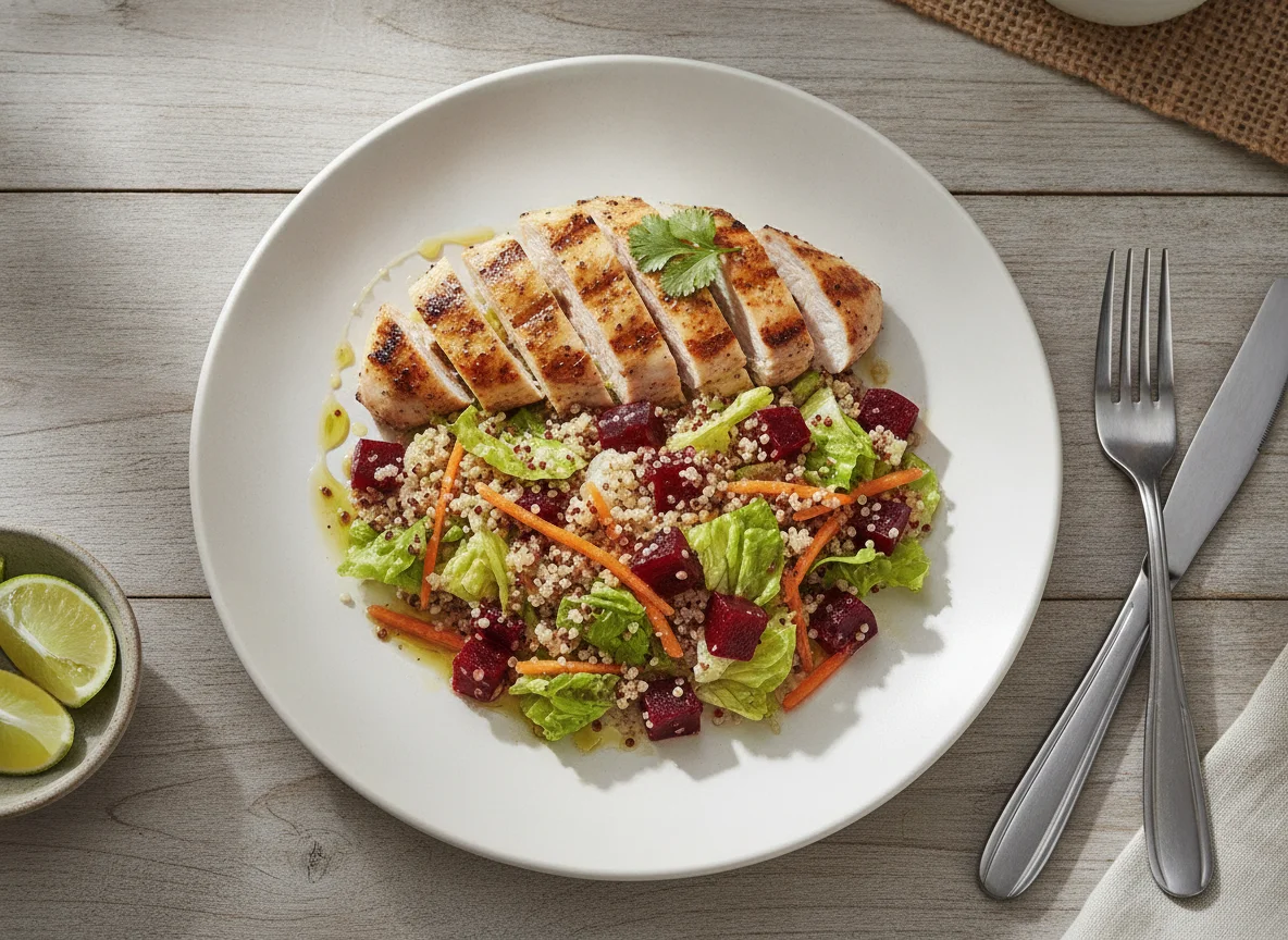 Frango grelhado com salada de quinoa e vegetais photo