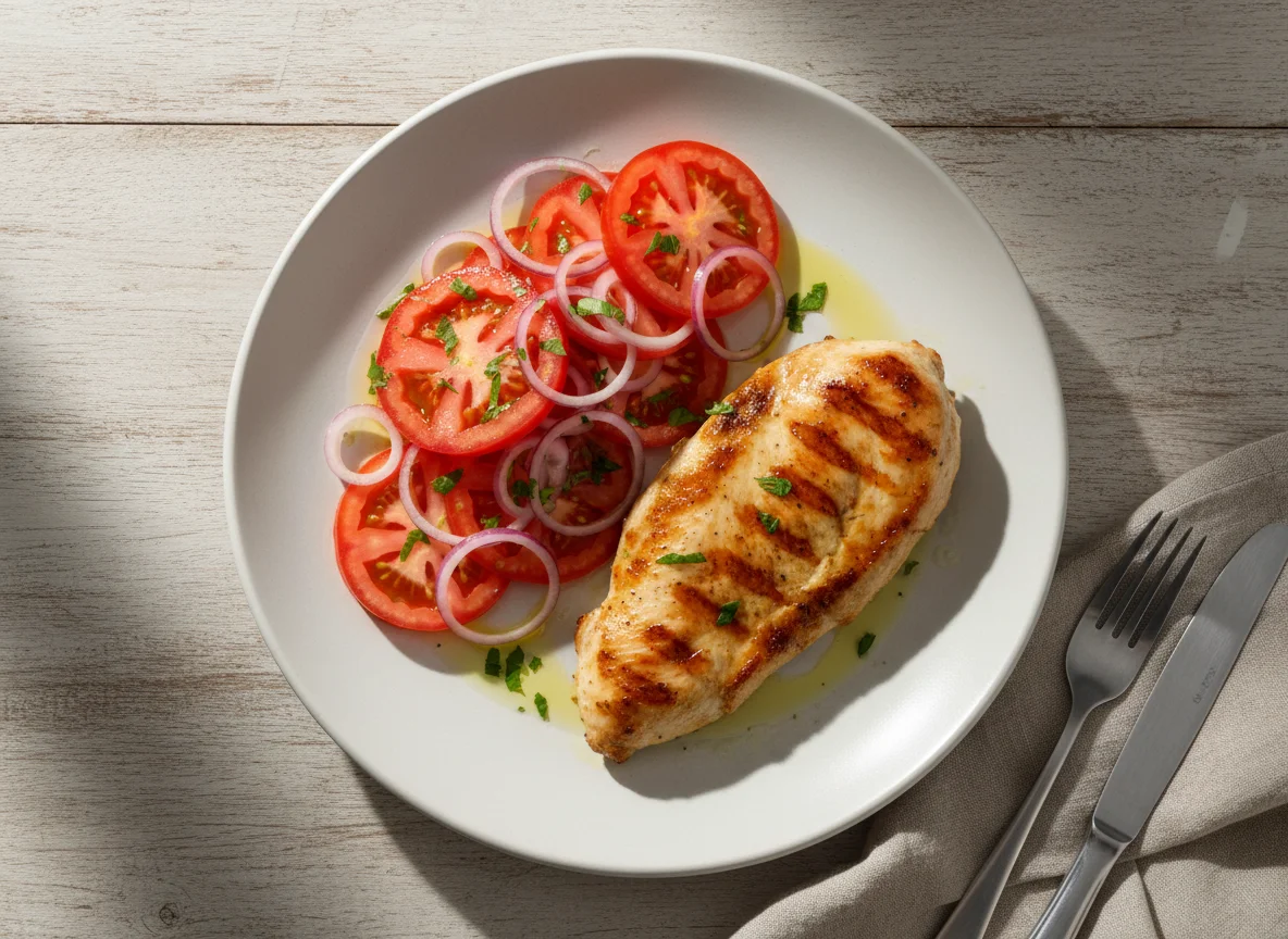 Frango grelhado com salada de tomate e cebola roxa photo