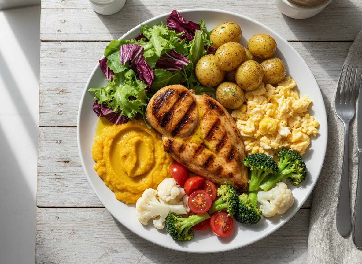 Frango grelhado com salada e acompanhamentos photo