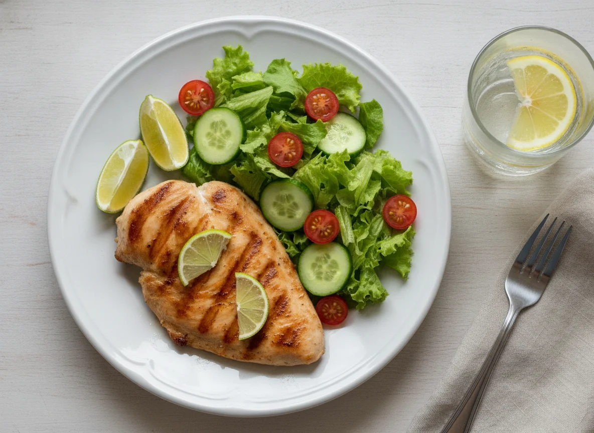 Frango grelhado com salada e água com limão photo