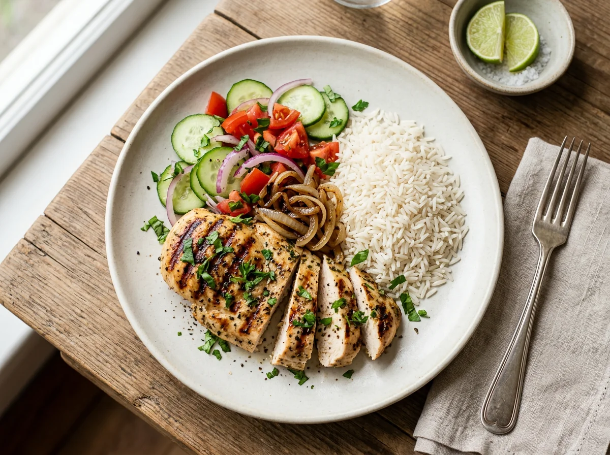 Frango grelhado com salada e arroz cru photo