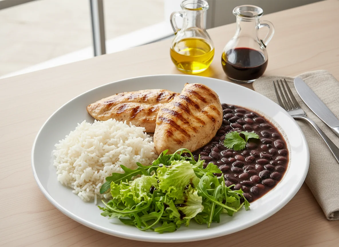 Frango grelhado com salada e feijão photo