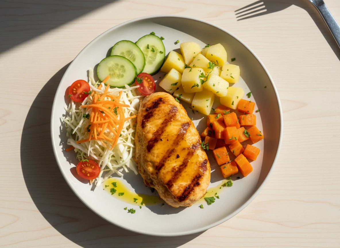 Frango grelhado com salada e legumes cozidos photo