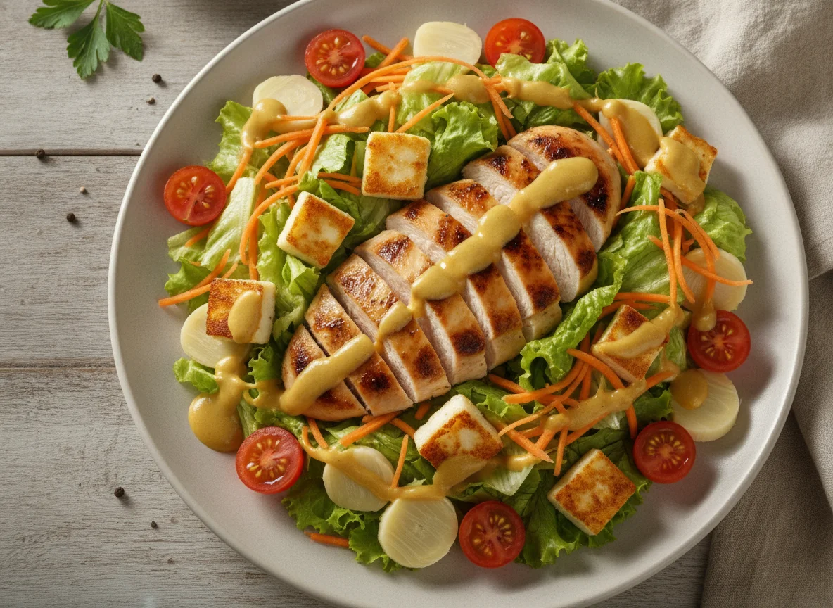 Frango Grelhado com Salada e Molho de Mostarda photo