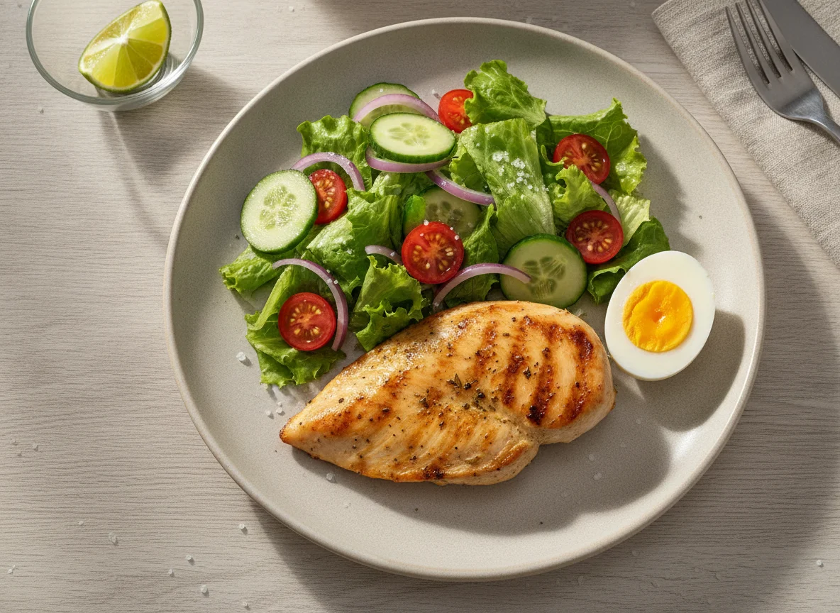 Frango grelhado com salada e ovo cozido photo