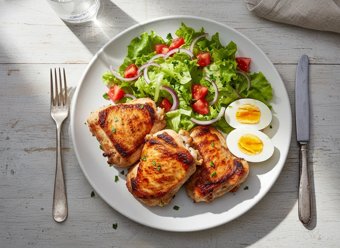 Frango grelhado com salada e ovos cozidos photo