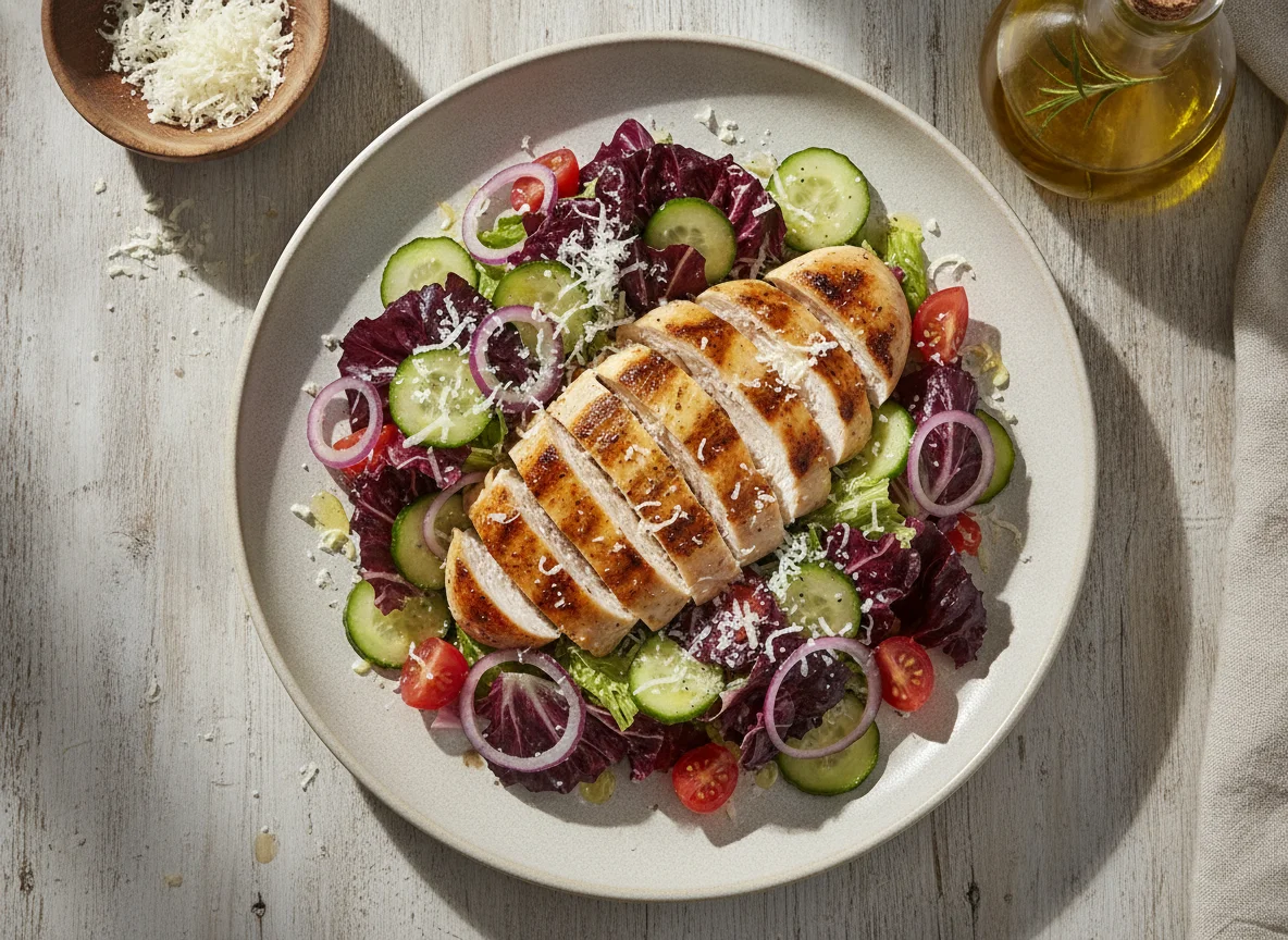 Frango grelhado com salada e queijo photo