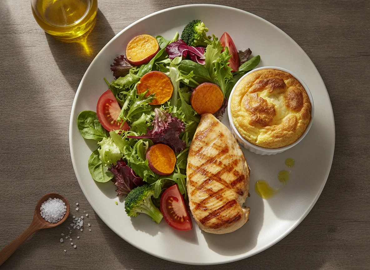 Frango grelhado com salada e suflê de espinafre photo