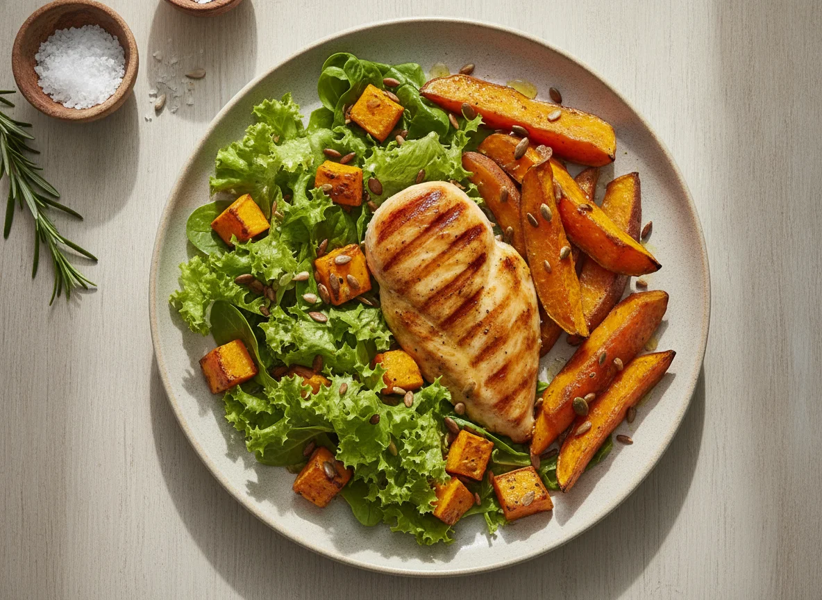 Frango grelhado com salada mista, abóbora e batata-doce photo