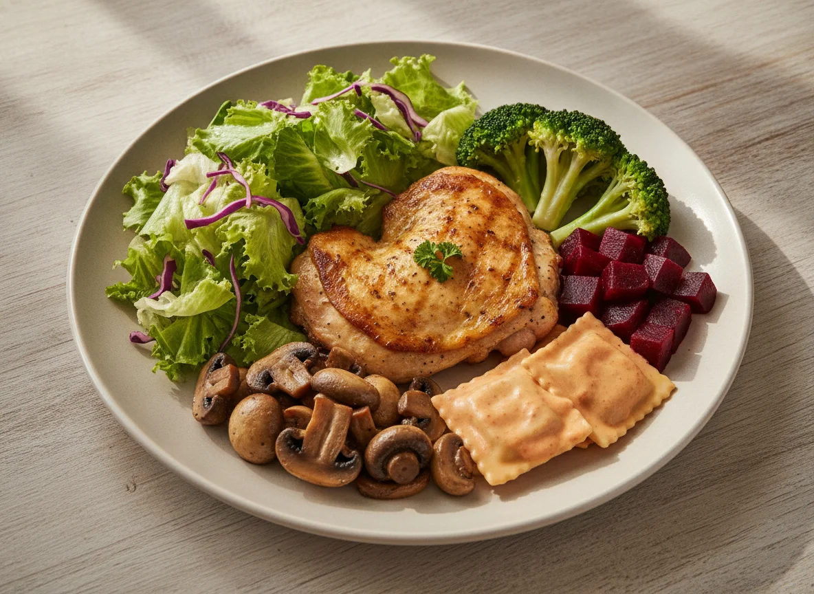 Frango grelhado com salada mista, cogumelos e brócolis photo