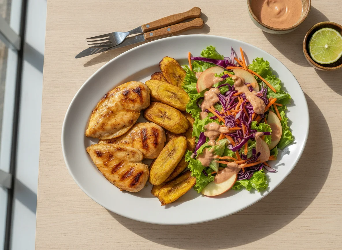 Frango grelhado com salada mista e banana da terra photo