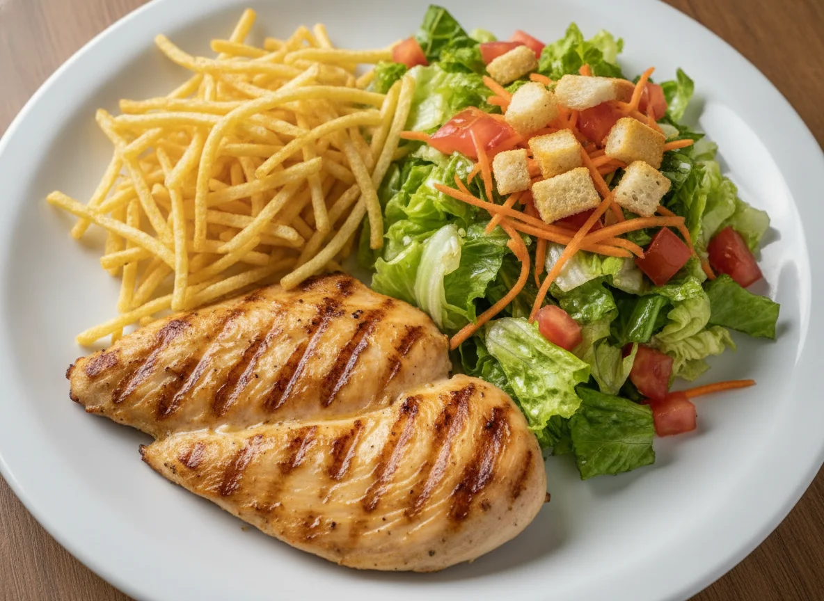 Frango grelhado com salada mista e batata palha photo