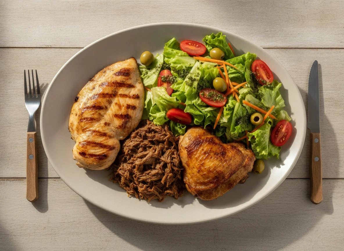 Frango grelhado com salada mista e carne cozida photo