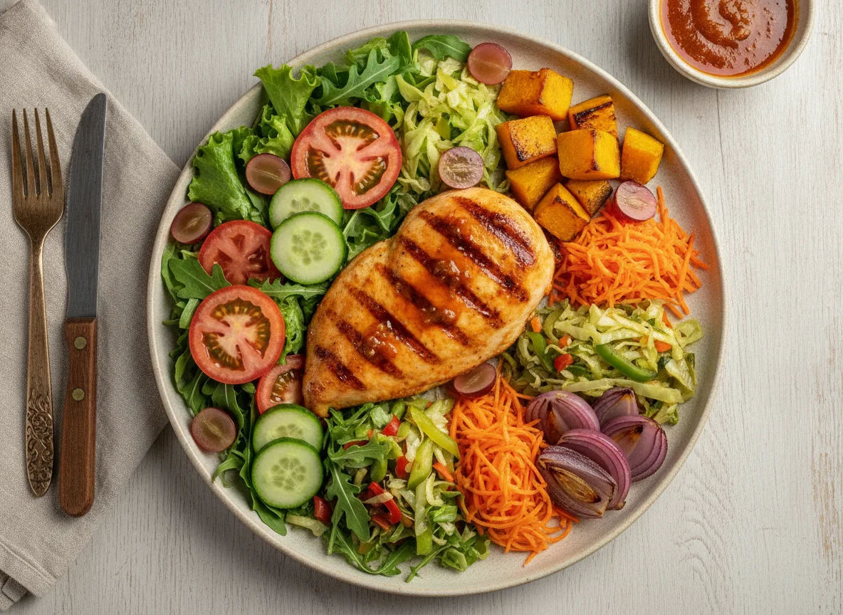 Frango grelhado com salada mista e legumes photo