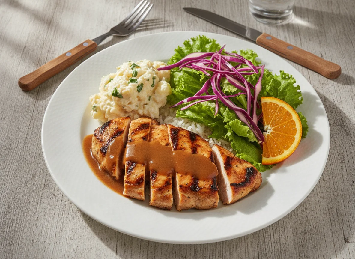 Frango grelhado com salada mista e maionese de batata photo
