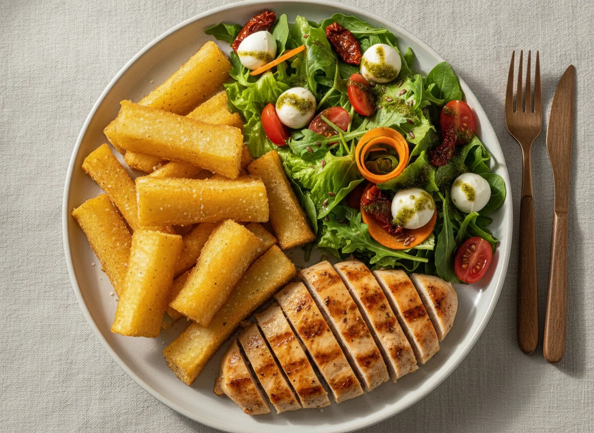 Frango grelhado com salada mista e mandioca frita photo