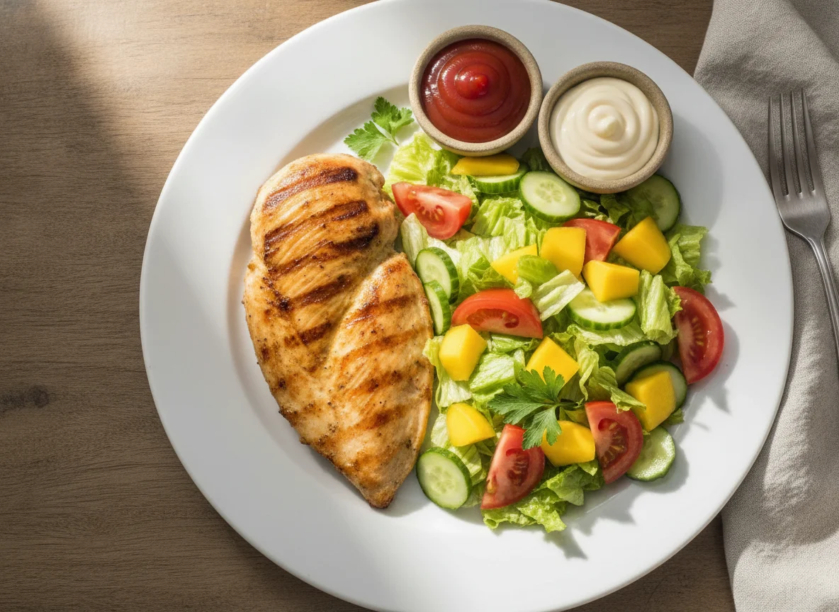 Frango grelhado com salada mista e molhos photo
