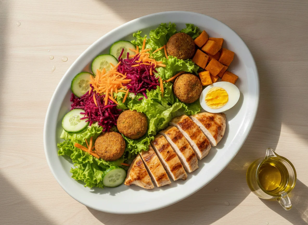 Frango grelhado com salada mista e ovo cozido photo