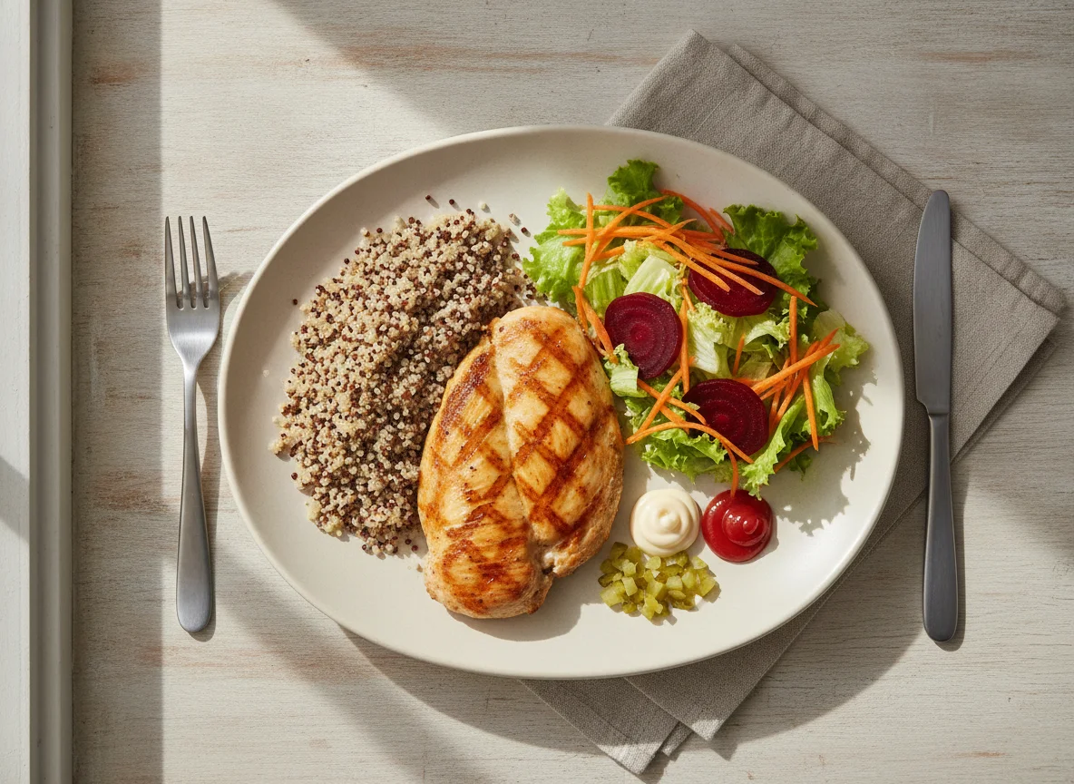 Frango grelhado com salada mista e quinoa photo