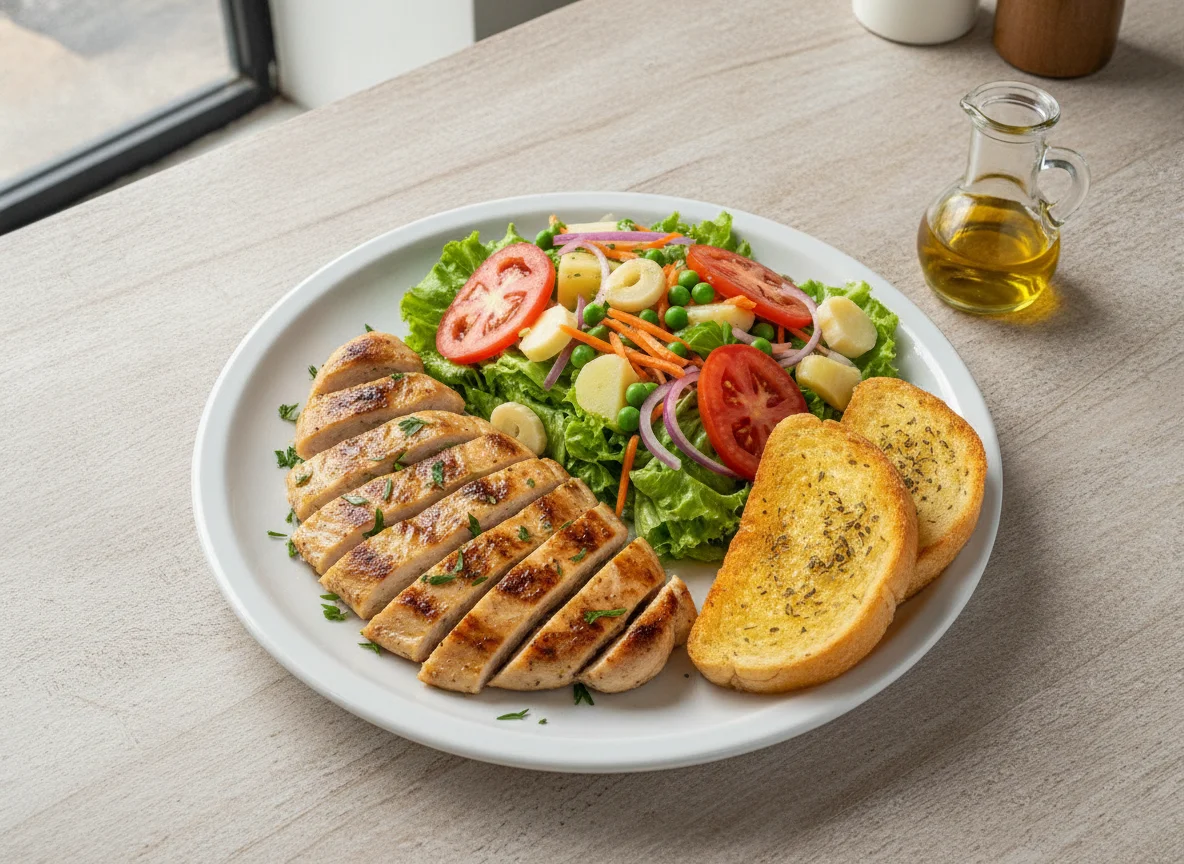 Frango grelhado com salada mista e torrada photo