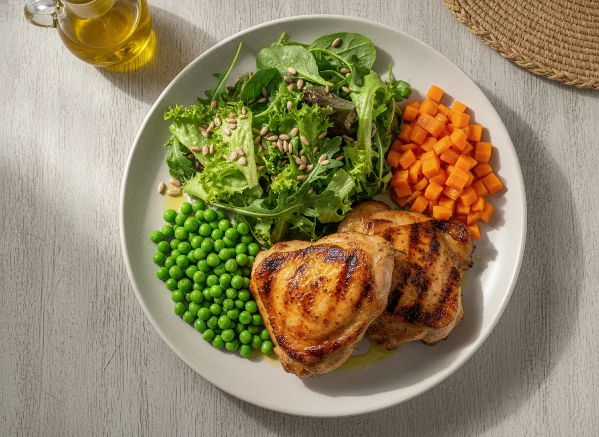 Frango grelhado com salada mista, ervilhas e cenoura photo
