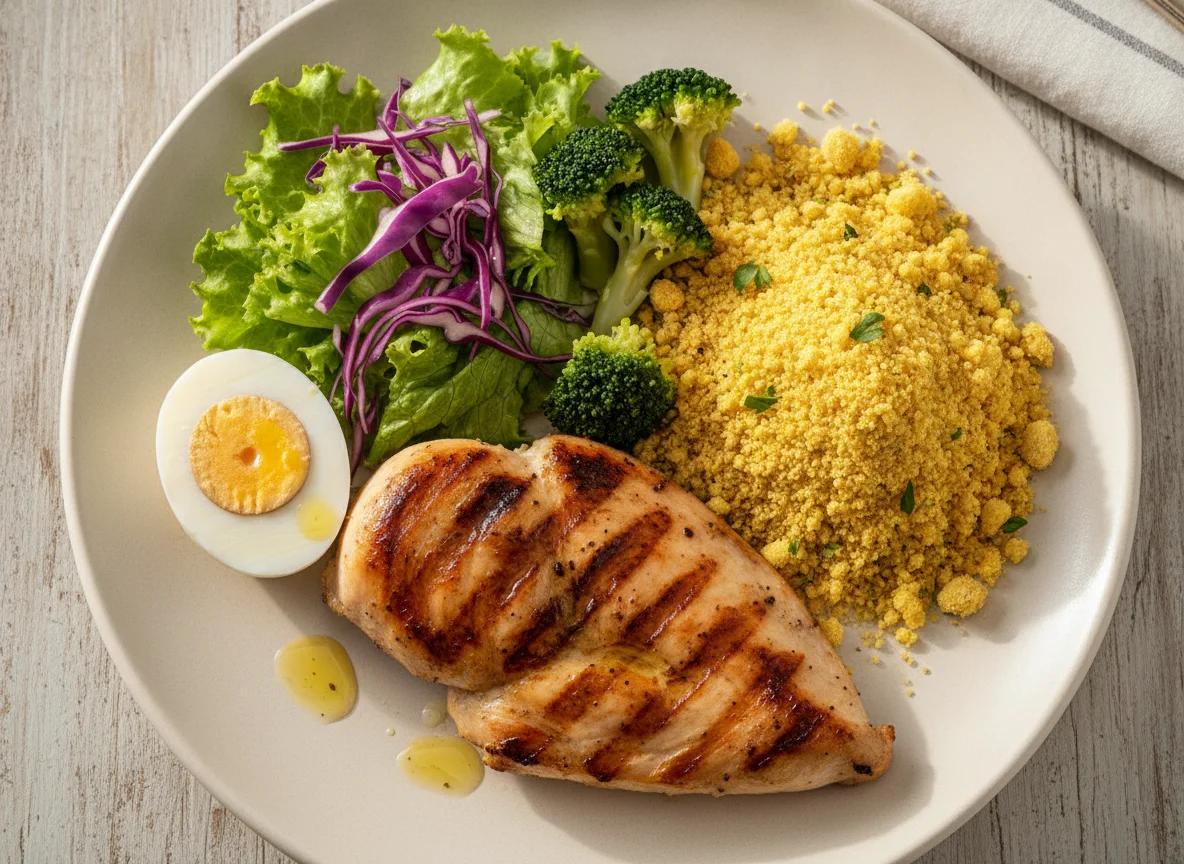 Frango grelhado com salada, ovo e farofa photo