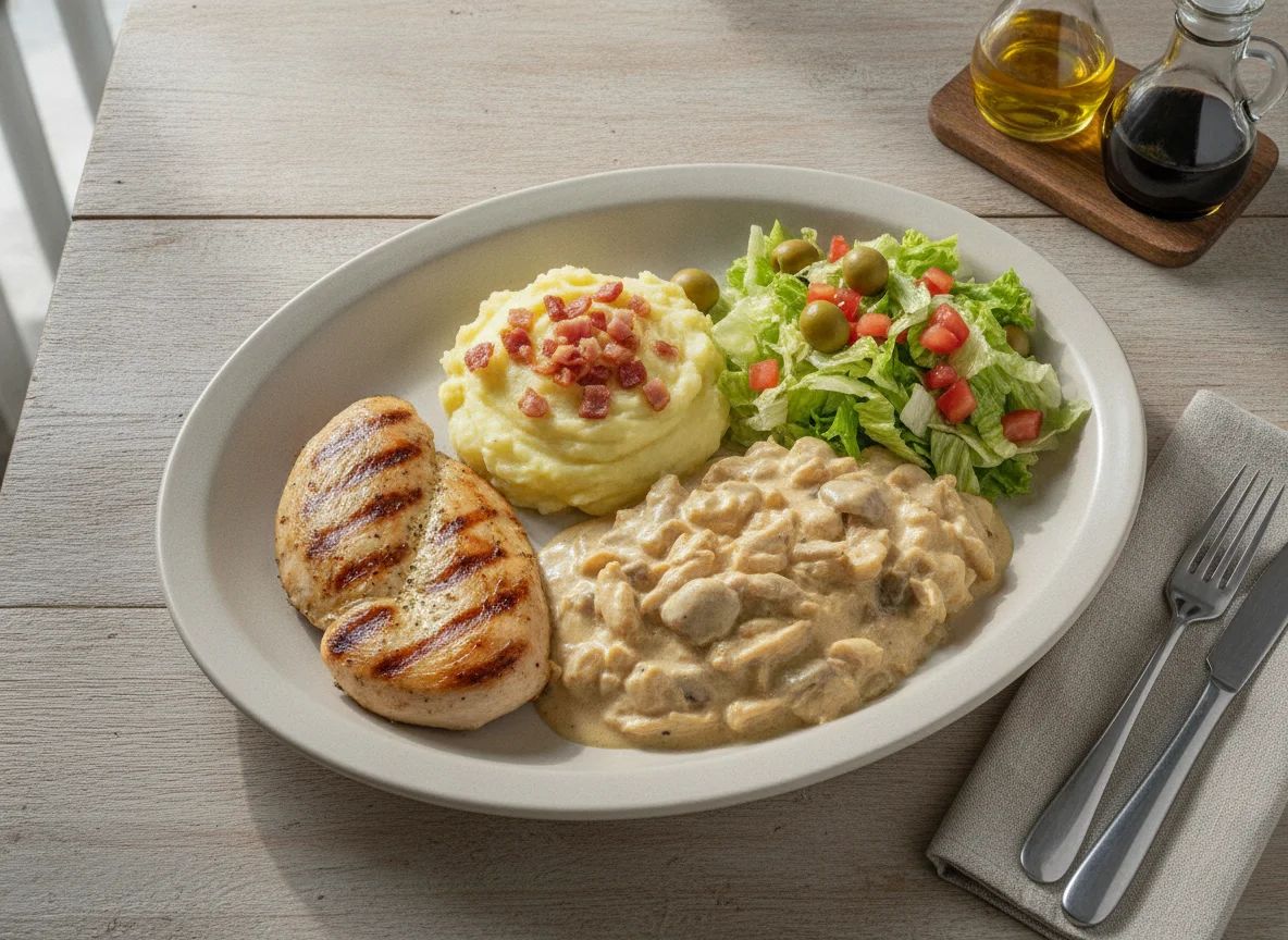 Frango grelhado com salada, purê e estrogonofe photo