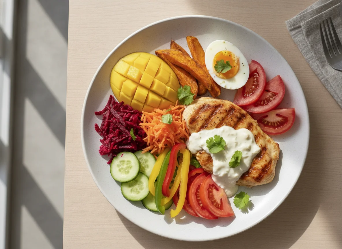 Frango grelhado com salada variada e ovo photo