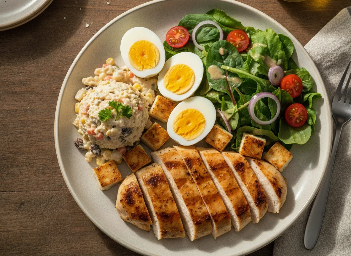 Frango grelhado com salpicão, ovos cozidos e salada photo