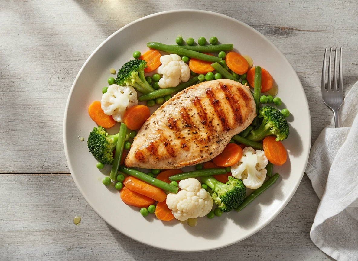 Frango grelhado com seleta de legumes photo