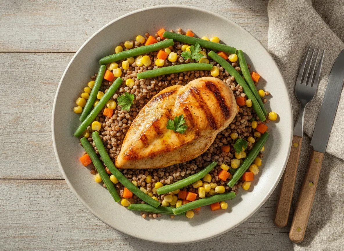 Frango grelhado com trigo sarraceno e legumes photo