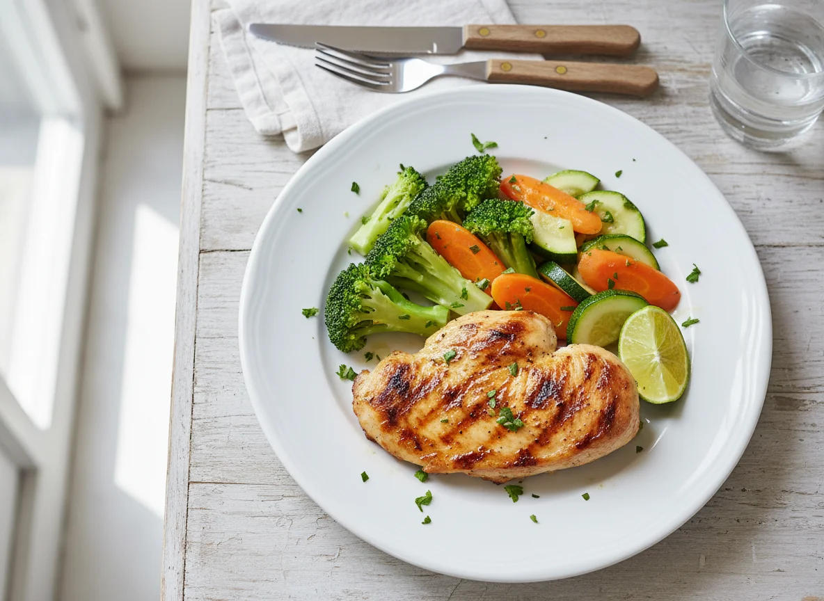 Frango grelhado com vegetais cozidos photo
