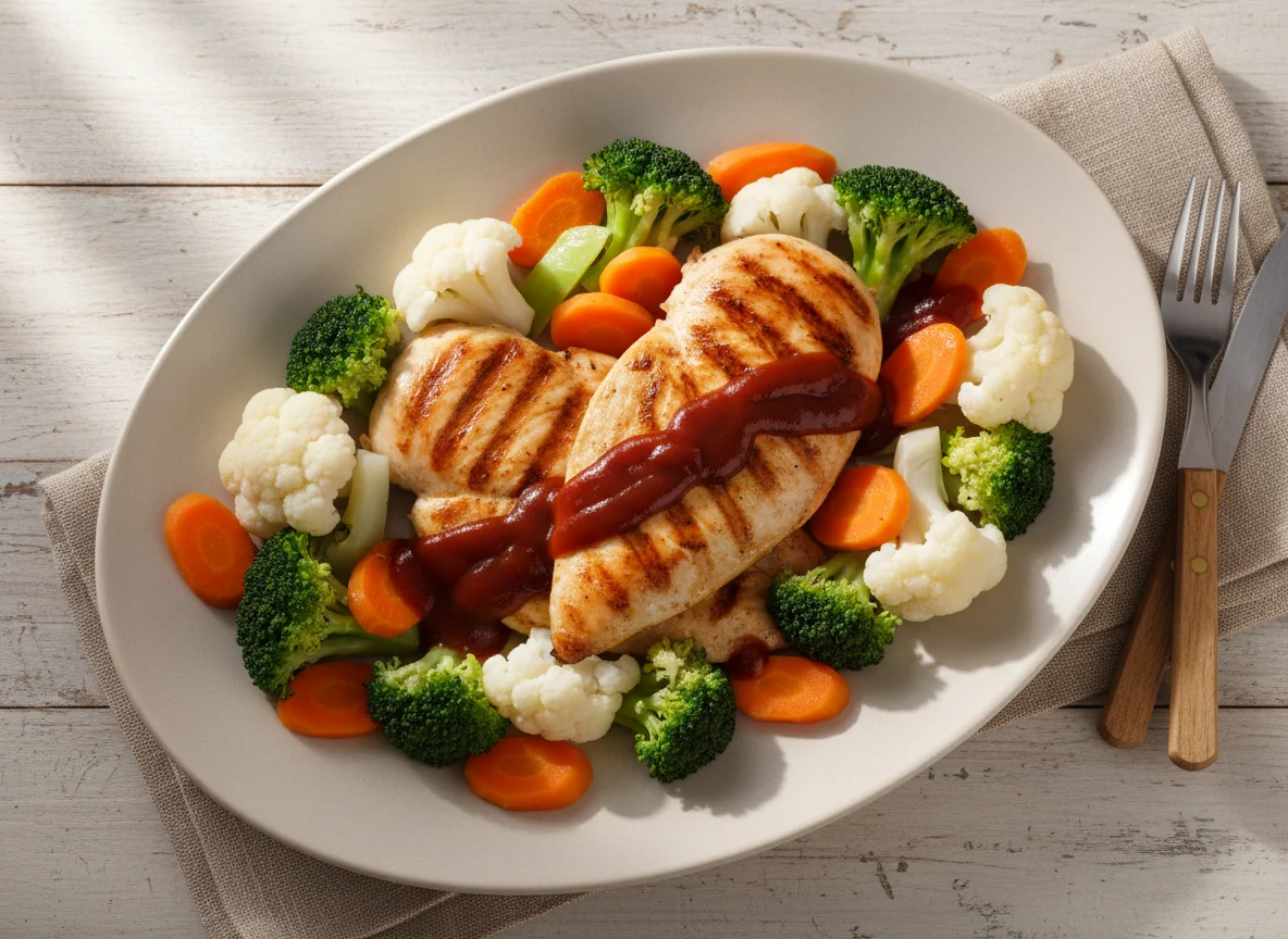 Frango grelhado com vegetais e molho photo