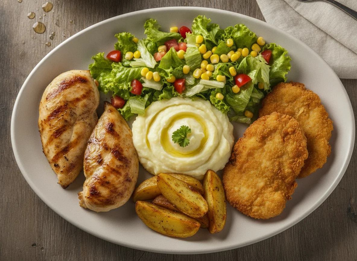 Frango grelhado e empanado com purê de batata e salada photo