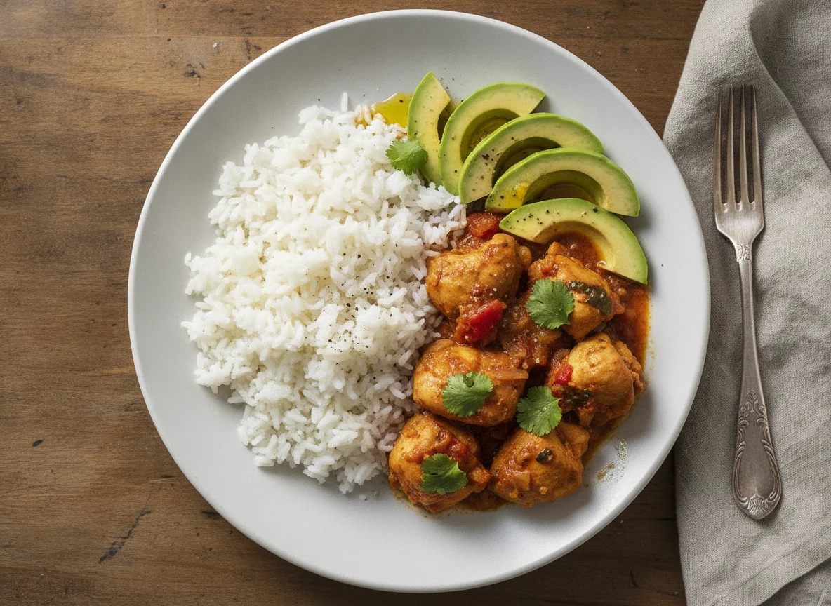Frango guisado com arroz e abacate photo